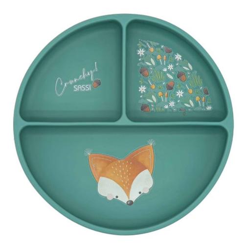 Sassi - Assiette Compartimentée En Silicone Avec Ventouse Animaux Vert Paon