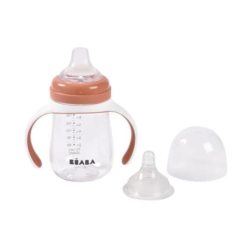 BÉABA - BÉABA, Biberon/Tasse d'apprentissage 2 en 1, Tasse Paille Enfant, 100% étanche, Anti-fuite, Facile à Ouvrir, Poignées amovibles, Tritan et Silicone, 210 ml, Terracotta