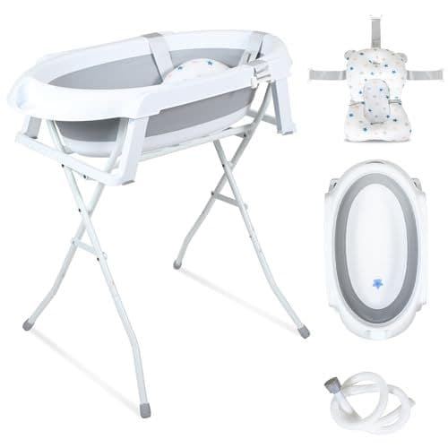 Ansobea - Ansobea Baignoire pliable avec support antidérapant, tapis de bain et insert de baignoire pour nouveau-nés et tout-petits, gris
