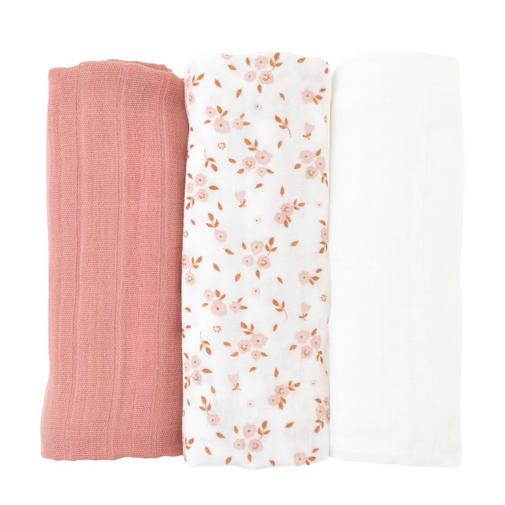 Little Crevette - Lot De 3 Langes Gaze De Coton Bio Fleurs Roses