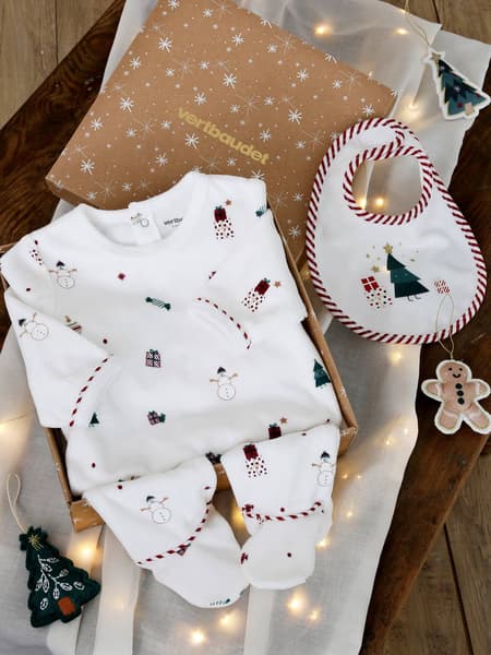 Vertbaudet - Coffret cadeau de Noël bébé dors-bien en velours + bavoir écru - Vertbaudet