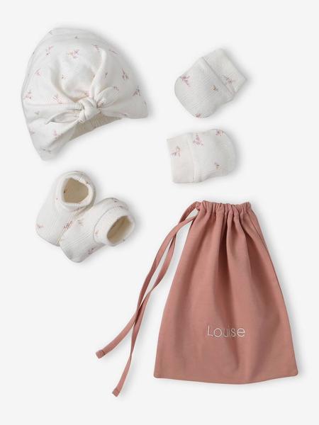 Vertbaudet - Ensemble naissance fille bonnet + moufles + chaussons + pochon personnalisable rose