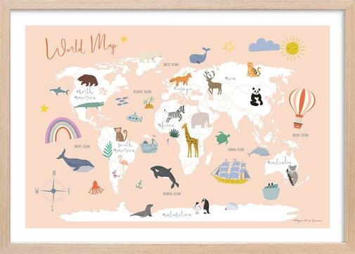 Hexoa - Affiche enfant exploration avec cadre bois 60x40 cm