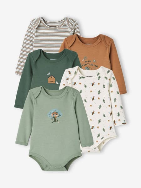 Vertbaudet - Lot de 5 bodies manches longues bébé emmanchure US lot kaki foncé - Vertbaudet