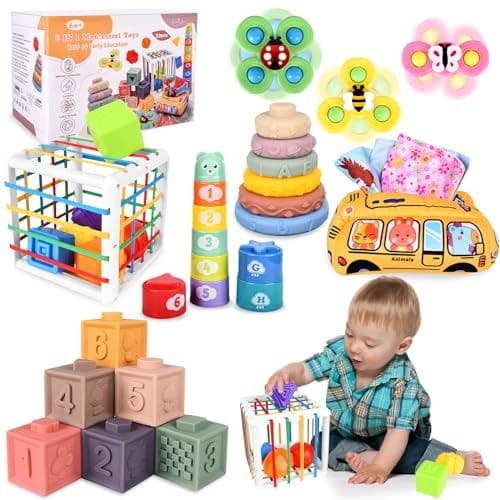 Herenear - Herenear 6 en 1 Jeux Montessori Bébé Eveil, Jouets Sensoriels, Trieur de Formes, Jouets en Blocs, Boite Mouchoir Bebe, Jouets à Empiler, Jeux Montessori pour Bebe 6 9 12 Mois 1 2 3 Ans