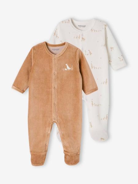 Vertbaudet - Lot de 2 pyjamas mixtes velours ouverture naissance cappuccino
