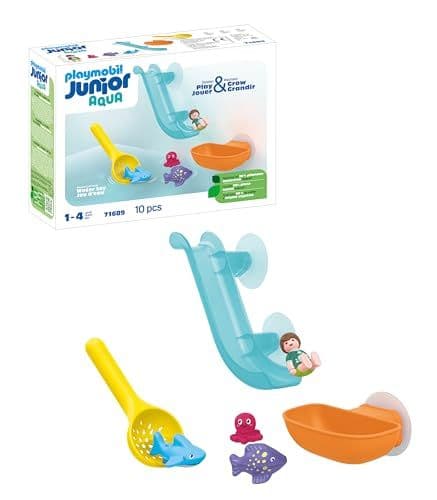 Playmobil - Playmobil 71689 Junior Aqua : Grand Toboggan Aquatique et Animaux Marins - incluant Un bébé Requin, des Poissons et Une Pieuvre - Jouet fabriqué à partir de matière d'origine végétale - Dès 12 Mois