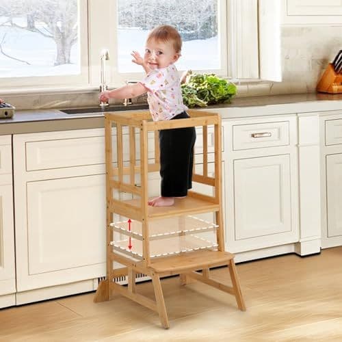 COSYLAND - COSYLAND Tour d Observation Enfant, Hauteur Réglable Tour d'observation Montessori, Sûr et Sécurisé Tour d'apprentissage Bebe en Bambou, Chaise Montessori Enfant À Partir de 18 Mois - Naturel