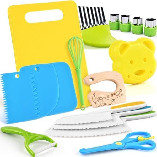 EURYUNG - EURYUNG Kit Couteaux Sécurité de Cuisine pour Enfants - 17 Pièces Couteau Montessori Enfants pour Couper et Cuire des Fruits ou Légumes | Couteaux Enfant qui ne Coupe pas, à Partir de 2 Ans
