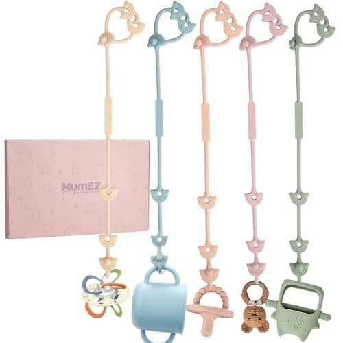 MumEZ - Attache Silicone - Sangles de Jouets pour Bébé - Pack de 5, Attaches pour Poussette, Chaise Haute, Berceau, Siège Auto