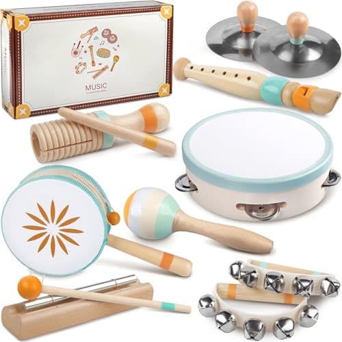 Rmischolar - Instruments de Musique pour bébés – Jouets musicaux Montessori pour Enfants, Ensemble d'instruments à Percussion en Bois, Jouets musicaux aux Couleurs Neutres, Cadeaux pour Les Tout-Petits (8 in 1)