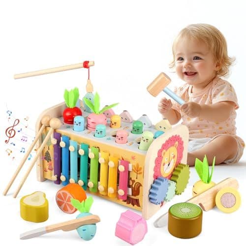 FUIOCOCP - Jouet Bebe Montessori 1 an, 9 en 1 Jeux en Bois Jouet Educatif Enfant 12 Mois 1 2 3 Ans avec Xylophone,Jeu Pêche, Jeu Marteau, Jouet d'activité Cadeau Anniversaire Noël Baby Fille Garcon
