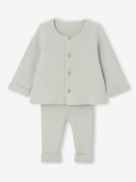 Vertbaudet - Ensemble bébé mixte gilet pantalon en tricot vert d'eau