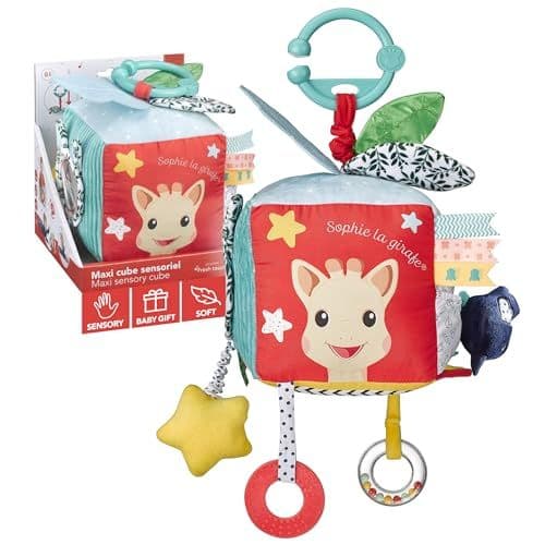 Sophie la Girafe - Sophie la Girafe - Maxi Cube Sensoriel Sophie la Girafe - Facile à Manipuler - Jeu d'Eveil pour Bébé - 9 Activités - Crochet pour Accrocher à la Poussette - Multicolore