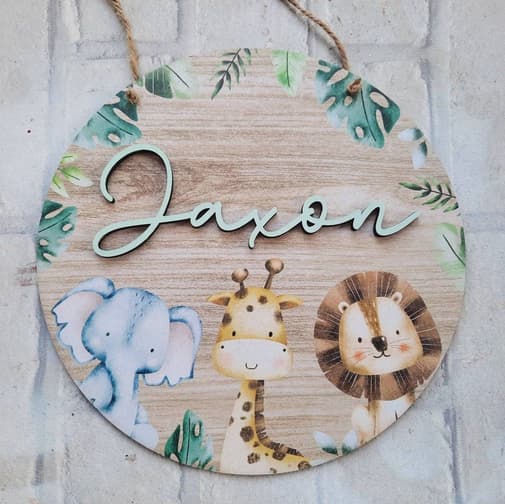 twinklesdesigns - Plaque de chambre personnalisée, plaque nominative sur le thème des animaux de la jungle, décoration murale, chambre de bébé, plaque de chambre