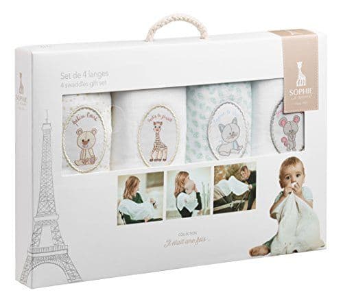 Sophie la Girafe - Set de 4 langes lavables Sophie la Girafe - en tissu 100% coton pour bébé - multiples usages - 70 x 70 cm - dès la naissance