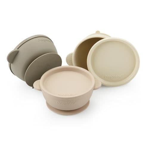 PandaEar - PandaEar Lot de 3 Bols pour Bébés avec Ventouse | Bol en Silicone Anti-Fuite et Anti-Dérapant avec Couvercles pour Bébés, Enfants en Bas Âge et Nourrissons (Marron Tan)