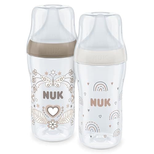 Nuk - Set de biberons NUK Perfect Match | 3+ mois | S’adapte au palais | Contrôle de température | Évent anti-coliques | 260 ml | Sans BPA | TÉTINE M en silicone | Arc-en-ciel & cœur | 2 pièces