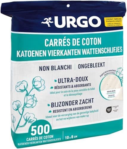 Urgo - Urgo - Carrés de coton - x500 unités - FORMAT FAMILIAL - Ultra-doux Absorbants - Coton de qualité certifiée OEKO-TEX® Non Blanchi