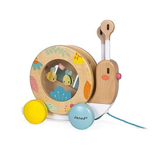 Janod - Janod - Escargot en Bois à Promener Pure - Jouet en Bois avec Xylophone et Tambourin - Peinture à l'Eau - Jouet Éducatif d'Éveil Musical 1er ge - Dès 1 An, J05159, Multicolore, Taille unique