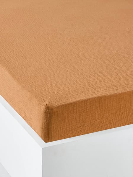 Vertbaudet - Drap housse bébé uni en gaze de coton Bio* ocre - Vertbaudet