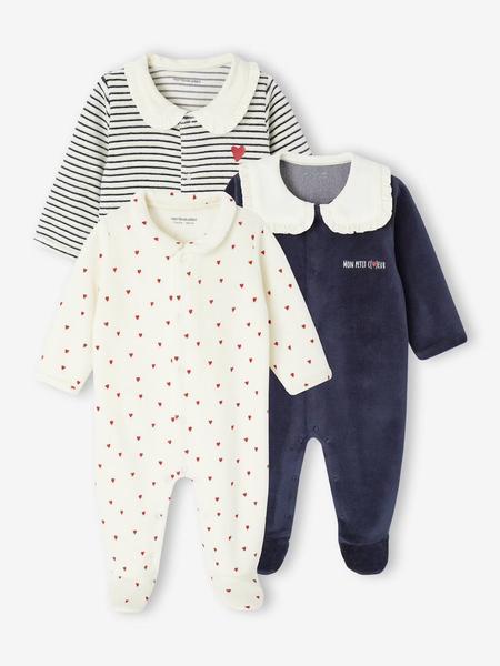 Vertbaudet - Lot de 3 pyjamas bébé fille "coeurs" en velours bleu nuit