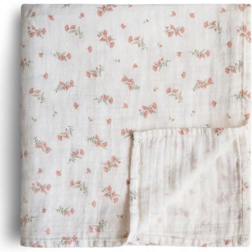Mushie - Maxi lange en coton bio Pink Flowers (120 x 120 cm)