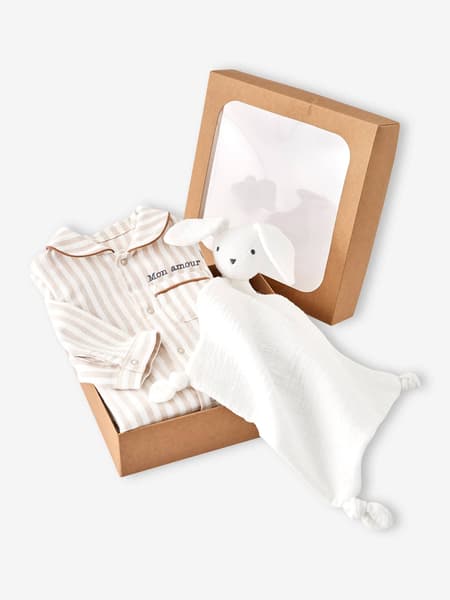 Vertbaudet - Pyjama bébé en flanelle + doudou coffret cadeau naissance beige - Vertbaudet
