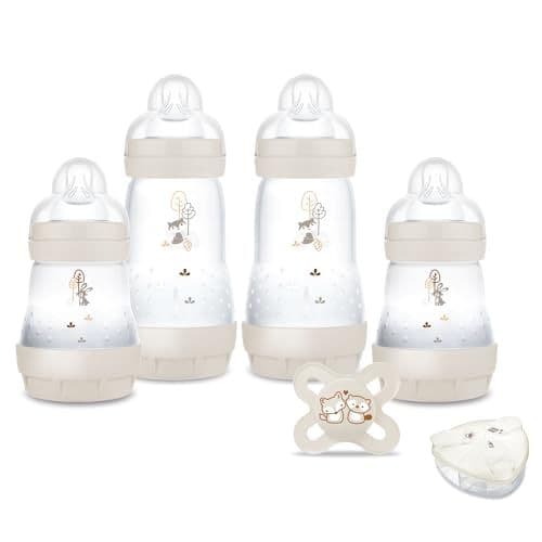 MAM - MAM - Mon coffret Naissance (6 produits) Sable – 4 biberons Easy Start Anti-Colique + 1 sucette Naissance + 1 boîte doseuse offerte – Cadeau de naissance idéal avec biberons et tétine ultra douce
