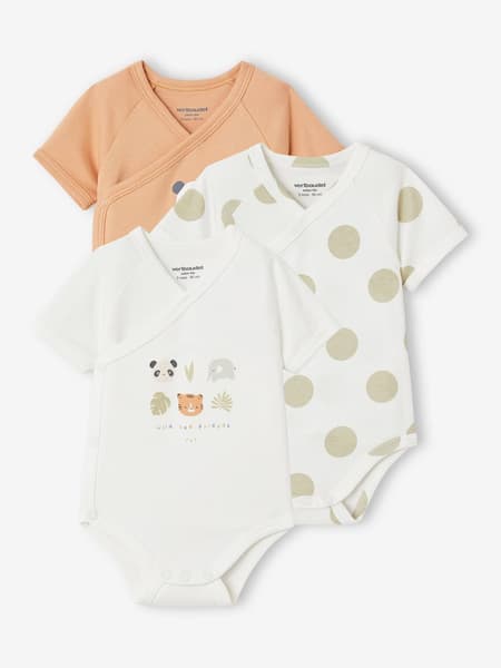 Vertbaudet - Lot de 3 bodies ouverture naissance bébé en coton biologique pêche - Vertbaudet