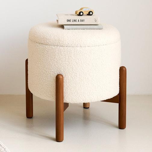 Petite Amélie - Petite Amélie | Pouf de rangement Cerise | Teddy | Beige | Assise confortable en bois FSC | Rangement compact pour chambre d'enfant