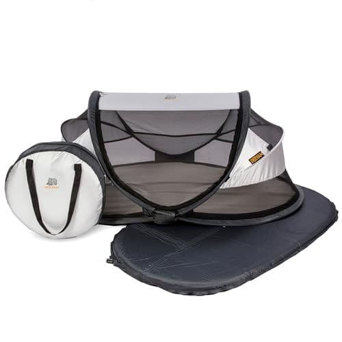 Deryan - Deryan lit Parapluie Bébé avec Matelas - pour Depuis la Naissance Jusqu'à 2,5 Ans - Pop Up Tente pour Bébé Montée en 2 Secondes - Moustiquaire & Sac de Voyage Inclus - 120x75x50cm (Argent)