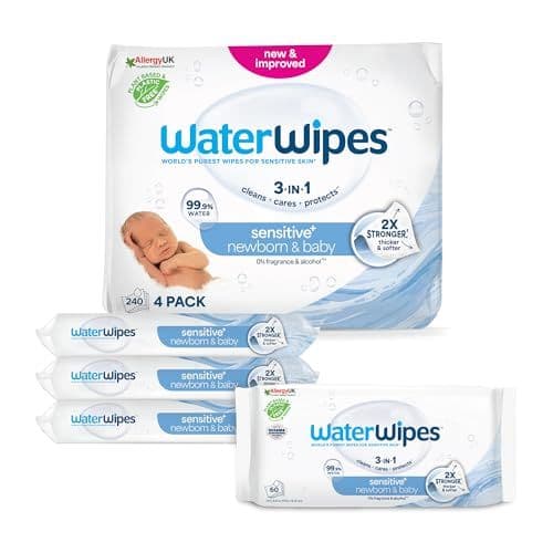 WaterWipes - WaterWipes Sensitive+ Newborn & Baby Wipes, Lingettes Pour Nouveau-Nés et Bébés, 240 unités (4 paquets), 3-en-1 nettoie, soigne, protège, 99,9% d'eau, non parfumées