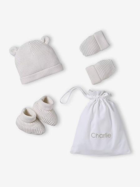Vertbaudet - Kit naissance bonnet, moufles et chaussons et son pochon personnalisable écru