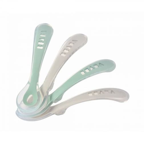 Beaba - Lot de 4 cuillères 2ème âge silicone Velvet Grey et Sage Green