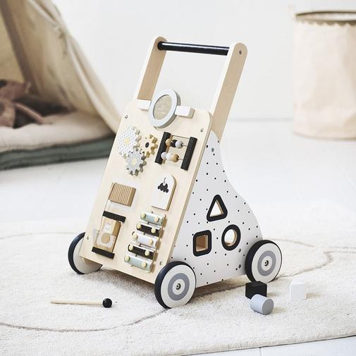 Petite Amélie - Petite Amélie | Chariot de marche bébé multi-activités | Trotteur en bois | Blanc, gris et noir | Apprentissage de la marche et motricité fine