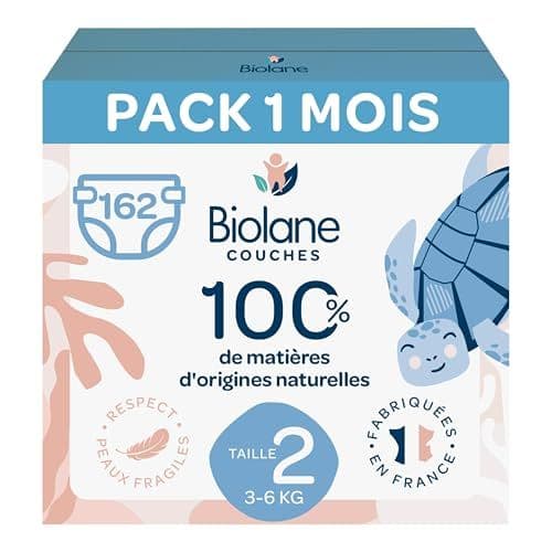 Biolane - BIOLANE - Couches Taille 2 - (3-6 kg) - Peaux Sensibles - Ultra-Absorbant, Pas de Fuite, 12h au Sec - Pack 1 mois 162 couches - Fabriqué en France