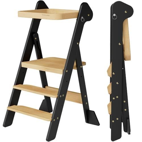 COSYLAND - COSYLAND Tour d’Observation Montessori Enfant Pliable – If Design Award, Tour d’Apprentissage en Bois Réglable en Hauteur dès 1 an avec Filet de Sécurité, Kitchen Helper Bébé – Noir & Naturel