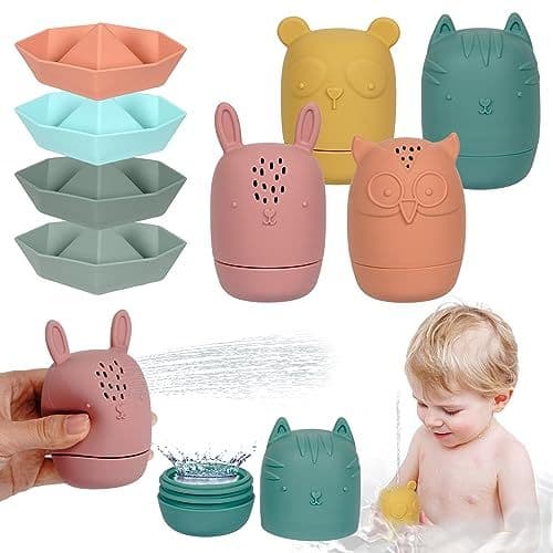 Corpower - Jouets de Bain, 8 pcs Jouet Bain Bébé en Silicone avec Ouverture, Pulvérisable, Animaux Jouets Flottants, san BPA, Couleur Neutre, Jouet Bain pour Le Bain Piscine La Plage Noël Cadeaux d'anniversaire