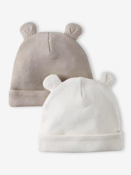 Vertbaudet - Lot de 2 bonnets naissance à oreilles d'ours écru + beige