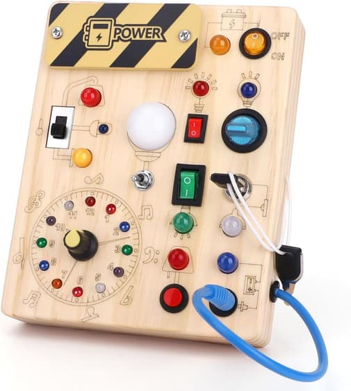 King of Toys - Tableau d'Activités en Bois Montessori avec 8 Interrupteurs à LED, Jou
