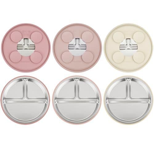 PandaEar - PandaEar Lot de 3 Assiettes en Acier Inoxydable avec Suction pour Bébé, Assiette Divisée pour Enfants pour l'Alimentation Autonome, Set de Repas Antidérapant pour Bébé (Rose)