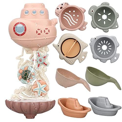AESTEMON - Jouets de Bain pour Bebe, Jouet Bain Bebe 1 an, Jeux de Bain Bébé Enfant 1 2 3 Ans, Jouets d'Éveil Cadeau Bebe 1 an pour Garçons et Filles avec Mignons Engrenages et Tasses d'animaux Marins
