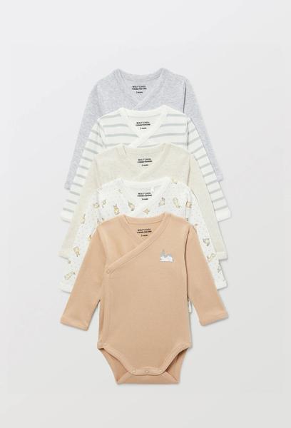 Bout'Chou - Lot de 5 bodies croisés manches longues imprimé en coton BIO GOTS