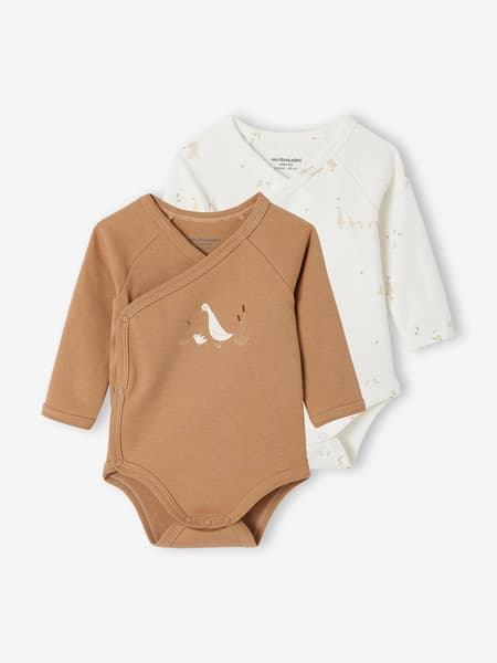Vertbaudet - Lot 2 bodies manches longues bébé ouverture naissance en coton bio cappuccino - Vertbaudet