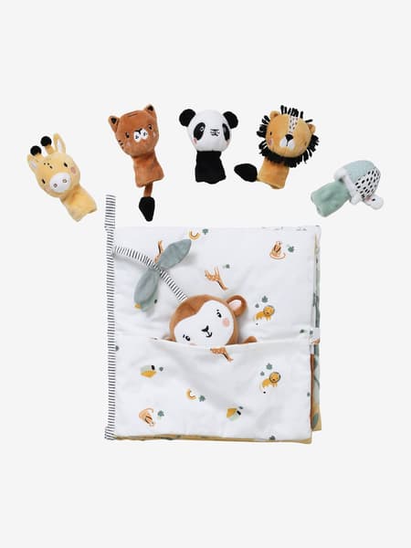Vertbaudet - Livre d'éveil + peluches en velours TANZANIE gris - Vertbaudet