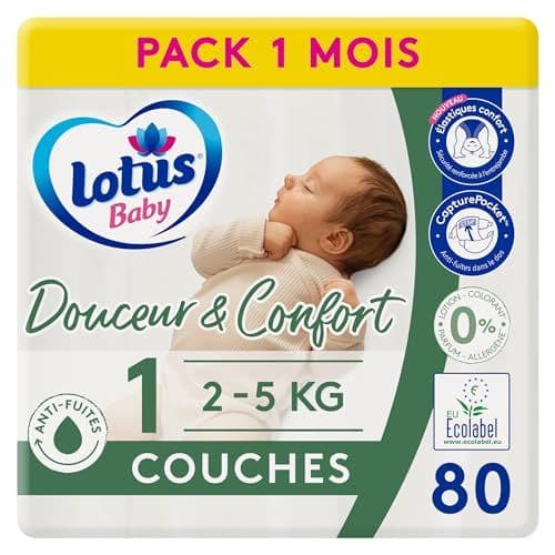 Lotus Baby - Lotus Baby Douceur & Confort - Couches Taille 1 (2-5 kg/Nouveau-né) Pack 1 mois - 80 couches