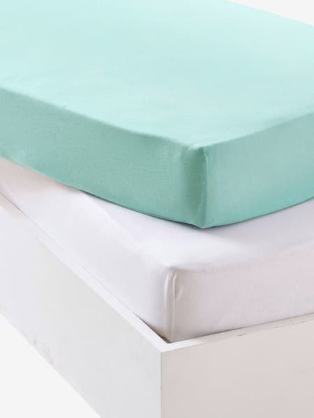 Vertbaudet - Lot de 2 draps-housses en jersey extensible bleu vert + blanc - 40x80
