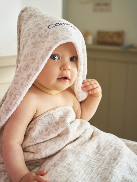 Vertbaudet - Cape de bain gaze de coton personnalisable + gant de toilette HYGGE beige imprimé
