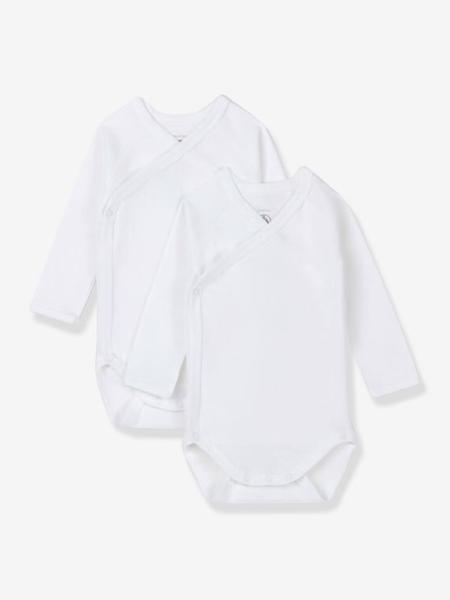 Petit Bateau - Lot de 2 bodies croisés manches longues bébé naissance en coton bio blanc